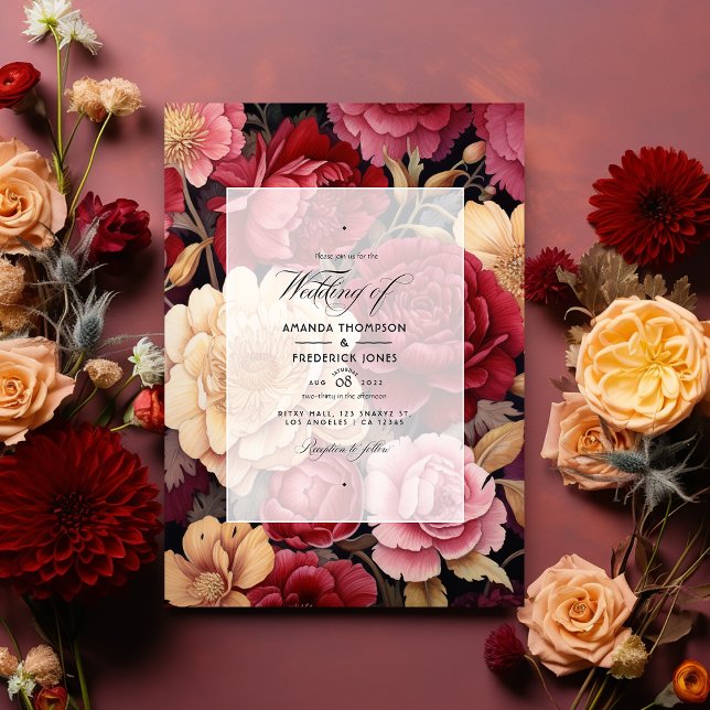Invitation Mariage Rouge Profond, Rose Poussiéreux et Or Anti (Créateur téléchargé)