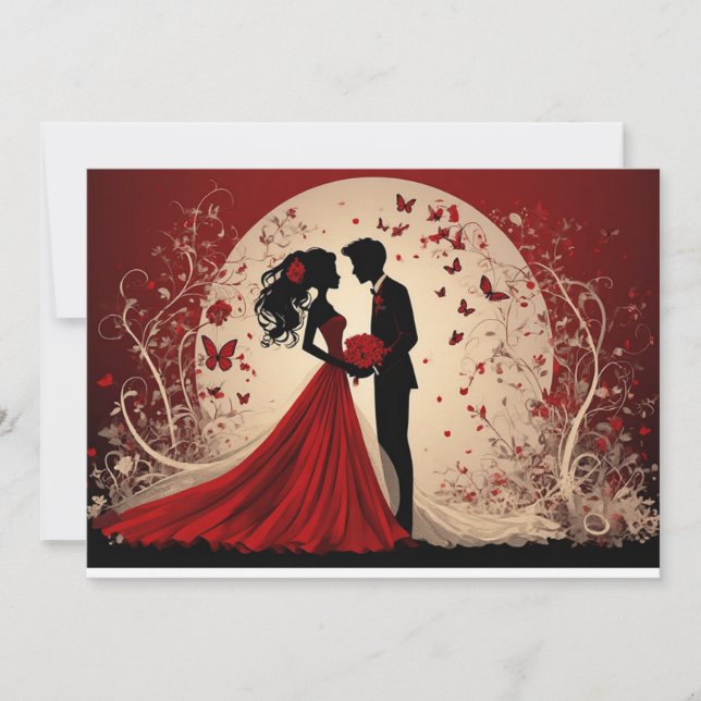 Invitation Mariage Rouge Romantique Silhouette de la Mariée e (Devant)