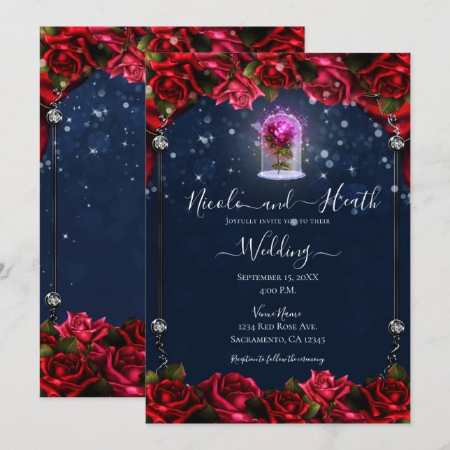 Invitation Mariage Rouge Rose Magique Brillant Argent Navy Bl (Devant / Derrière)