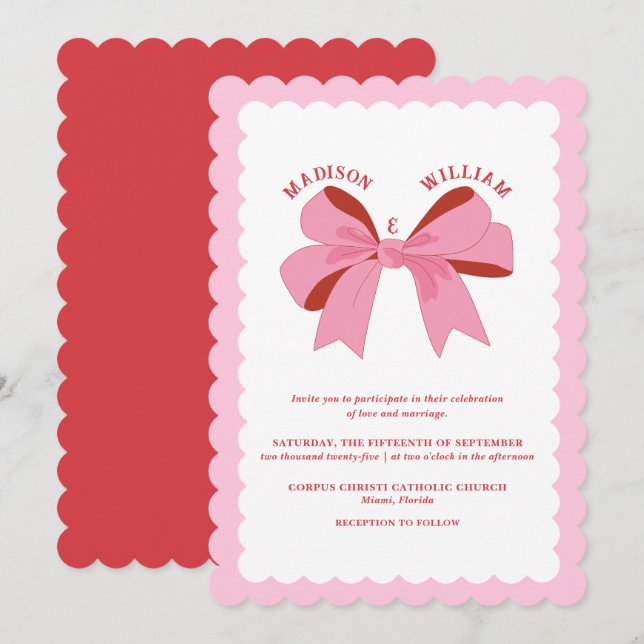 Invitation Mariage rouge rose ondulé (Devant / Derrière)