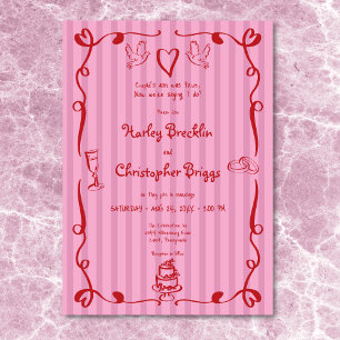 Invitation Mariage rouge rose rayé à main rétro lunaire