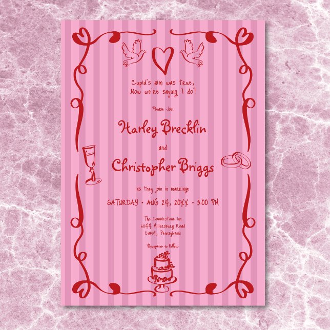 Invitation Mariage rouge rose rayé à main rétro lunaire (Whimsical Retro Hand Drawn Stripe Pink Red Wedding Invitation)