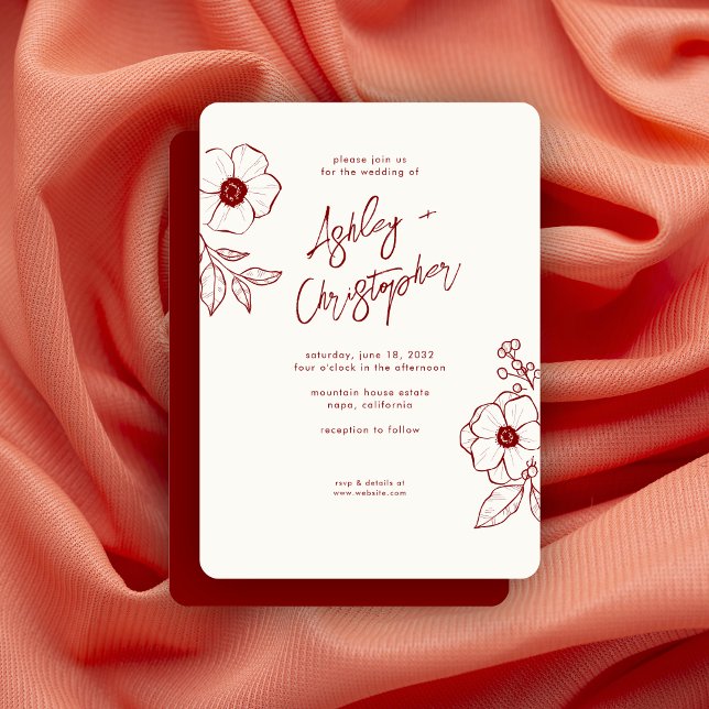 Invitation Mariage rouge rubis floral minimal (Créateur téléchargé)