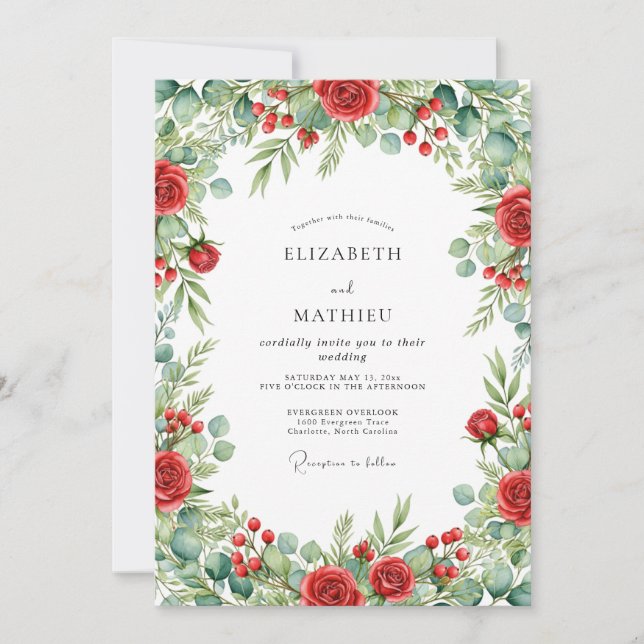 Invitation Mariage Rouge Verdoyant de Noël (Devant)