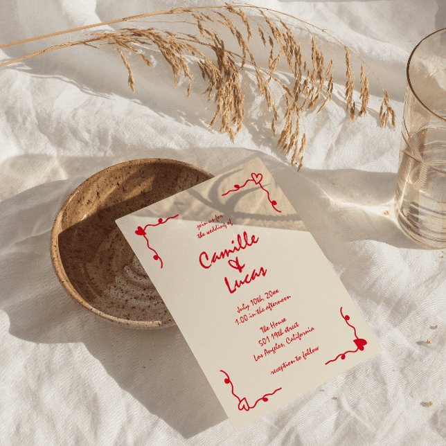 Invitation Mariage rouge Whimsical Rétro manuscrit (Créateur téléchargé)
