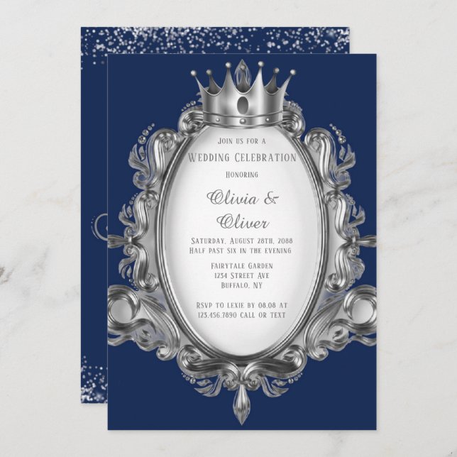 Invitation Mariage royal à cadre bleu marine et argent (Devant / Derrière)