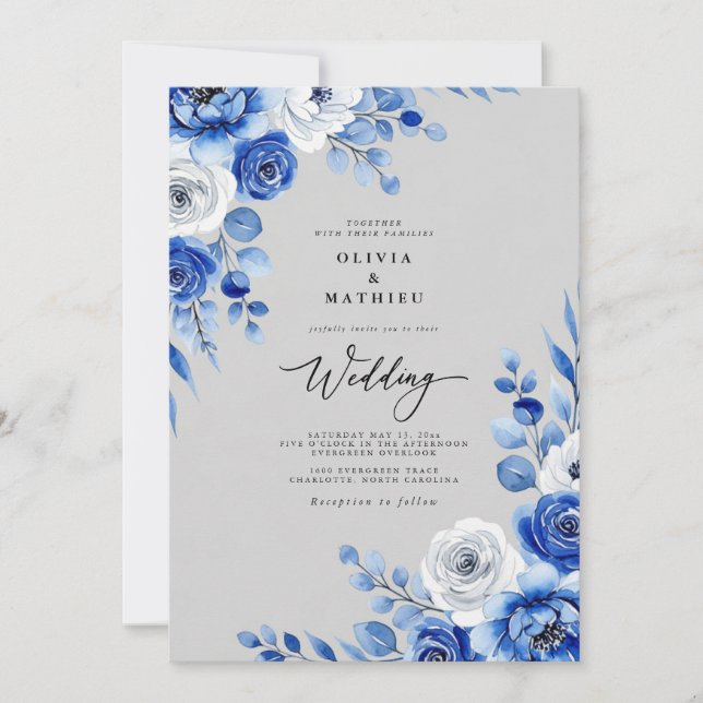 Invitation Mariage Royal Bleu à l'Aquarelle et Neige (Devant)