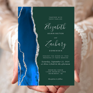 Invitation Mariage Royal Bleu Argent Agate Émeraude Vert