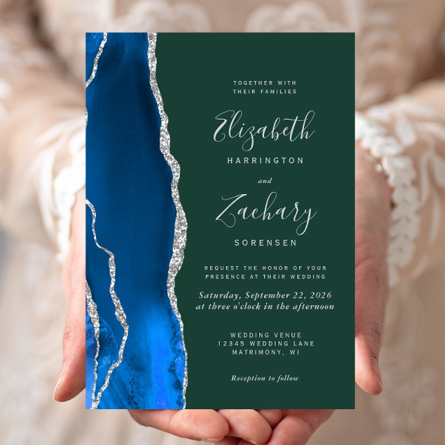 Invitation Mariage Royal Bleu Argent Agate Émeraude Vert (Créateur téléchargé)