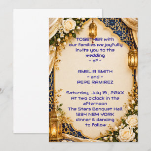 Invitation Mariage Royal Bleu avec Arche et Lanternes Arabes