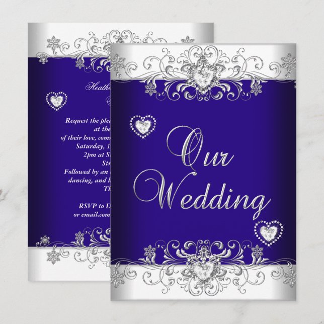 Invitation Mariage Royal Bleu Cœurs Diamant Argent 2 (Devant / Derrière)