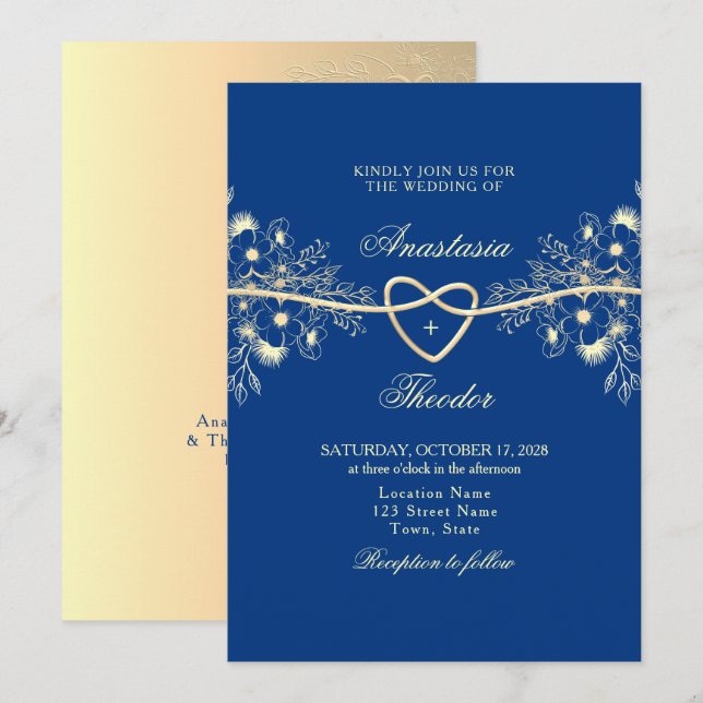 Invitation Mariage Royal Bleu et Or (Devant / Derrière)