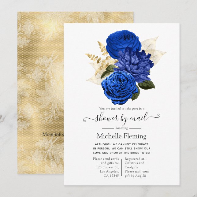 Invitation Mariage Royal Bleu et Or Fleurs par la Poste (Devant / Derrière)