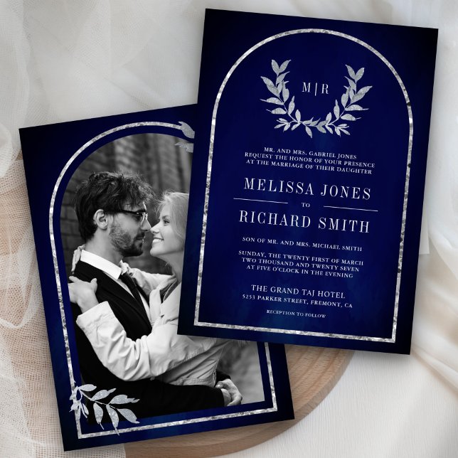 Invitation Mariage royal bleu Feuille Silver Laurel (Créateur téléchargé)