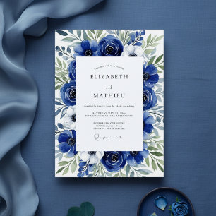Invitation Mariage Royal Bleu Floral Brushstroke