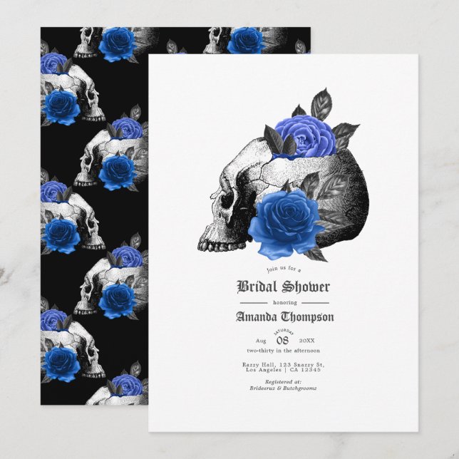 Invitation Mariage Royal Bleu Floral Gothique (Devant / Derrière)