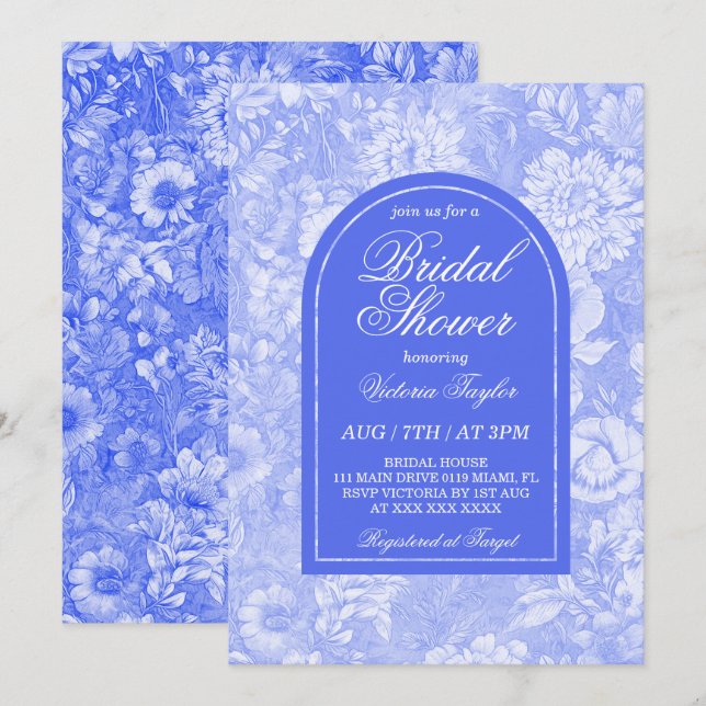 Invitation Mariage Royal Bleu Floral Victorian (Devant / Derrière)