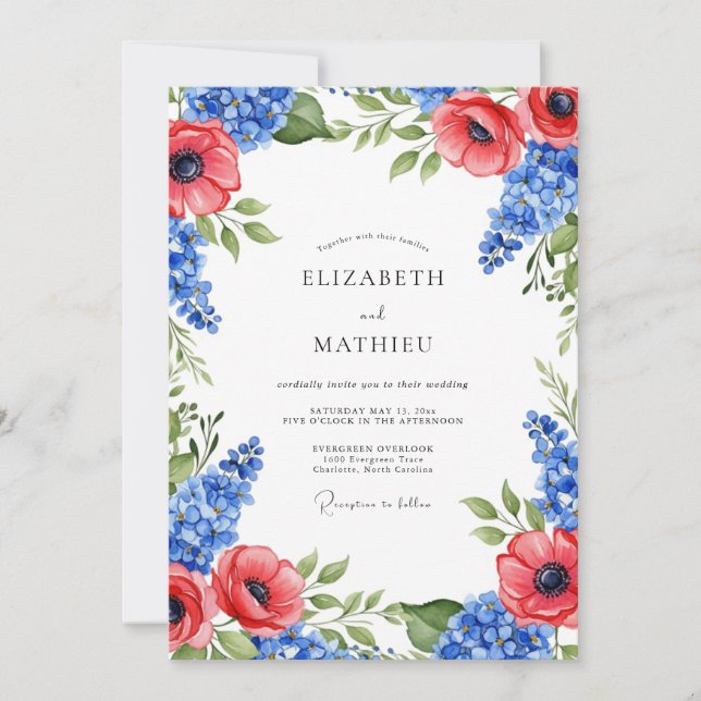 Invitation Mariage Royal Bleu Grand Été Rouge (Devant)