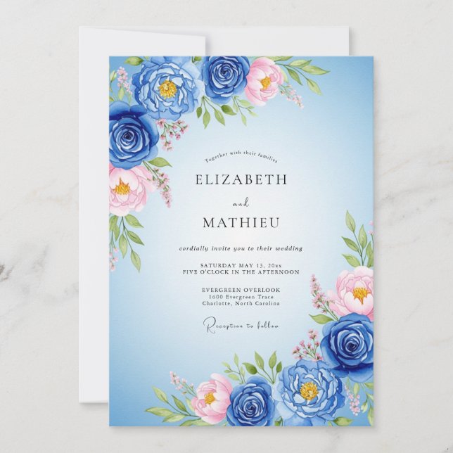 Invitation Mariage Royal Bleu Luxuriant de Printemps (Devant)