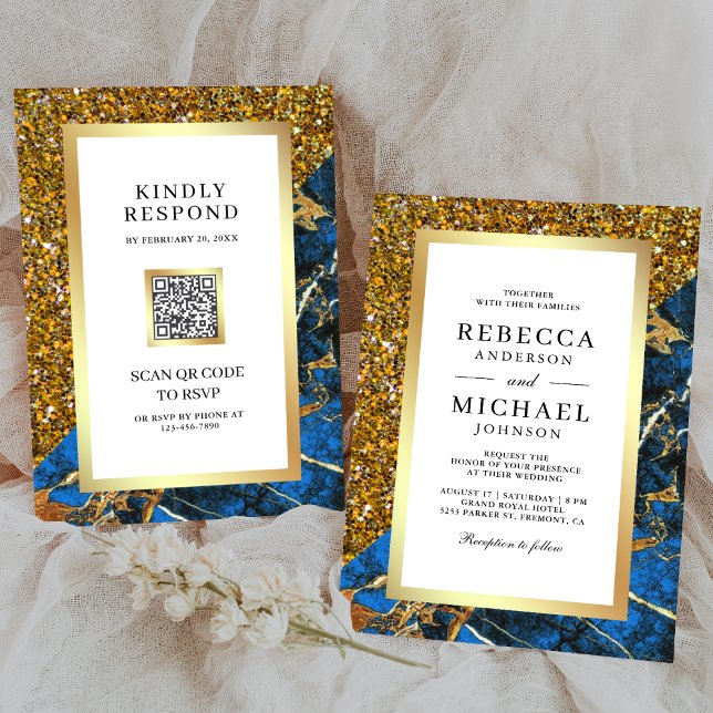 Invitation Mariage Royal Bleu Marbre Code QR Blanc (Créateur téléchargé)