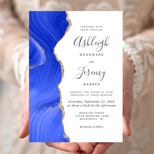 Invitation Mariage Royal Bleu Moderne Agate Or (Créateur téléchargé)