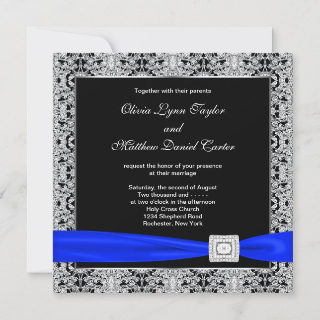 Invitation Mariage Royal Bleu Noir Argent Broderie (Devant)