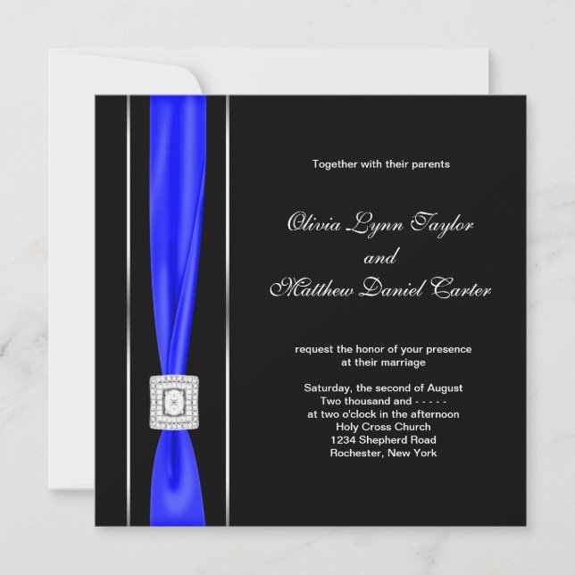 Invitation Mariage Royal Bleu Noir Bleu Nœud (Devant)