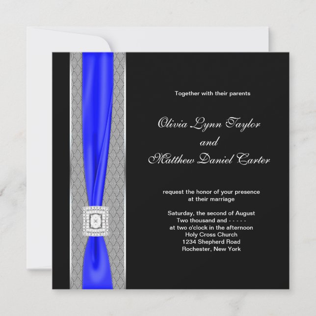 Invitation Mariage Royal Bleu Noir Bleu Nœud (Devant)