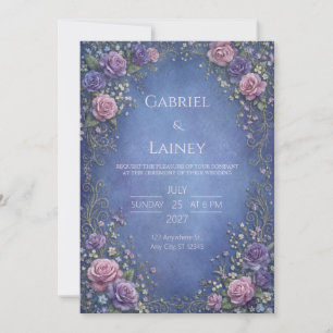 Invitation Mariage Royal Bleu Orné de Rose en Or