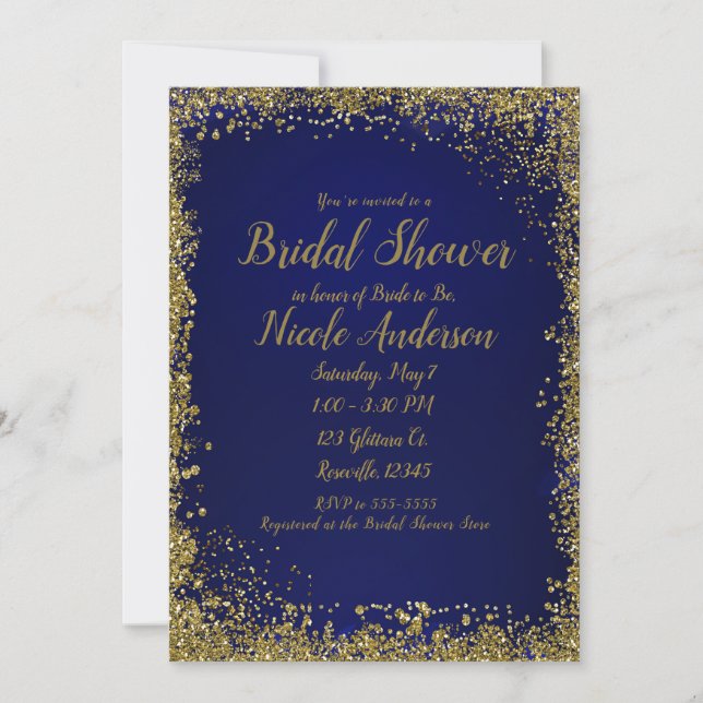 Invitation Mariage Royal Bleu Paillettes Dorées Glamour Moder (Devant)