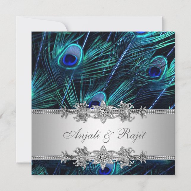 Invitation Mariage Royal Bleu Paon Argenté (Devant)