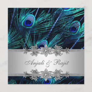 Invitation Mariage Royal Bleu Paon Argenté