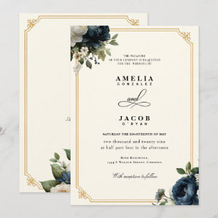 Invitation Mariage Royal Bleu Pivoine avec Cadre Doré