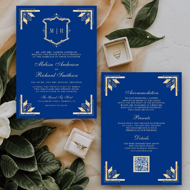 Invitation Mariage Royal Bleu Royal Monogramme Code QR Couron (Créateur téléchargé)