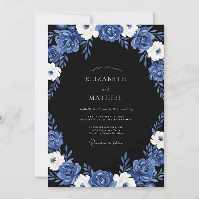 Invitation Mariage Royal Bleu Soirée Dramatique (Devant)
