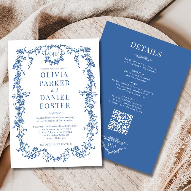 Invitation Mariage Royal Bleu Tout en Un Code QR Victorien  (Créateur téléchargé)