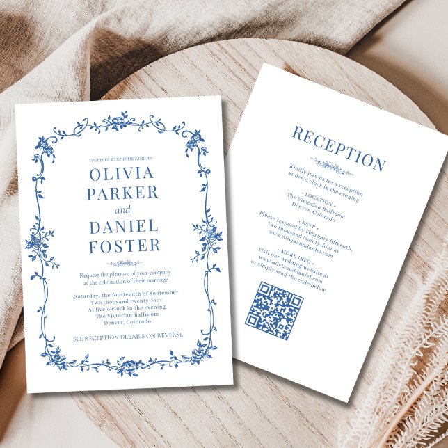 Invitation Mariage Royal Bleu Victorien Code QR Tout-en-un  (Créateur téléchargé)