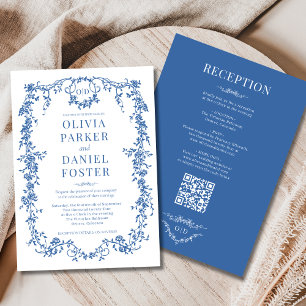 Invitation Mariage Royal Bleu Victorien Tout en Un Code QR