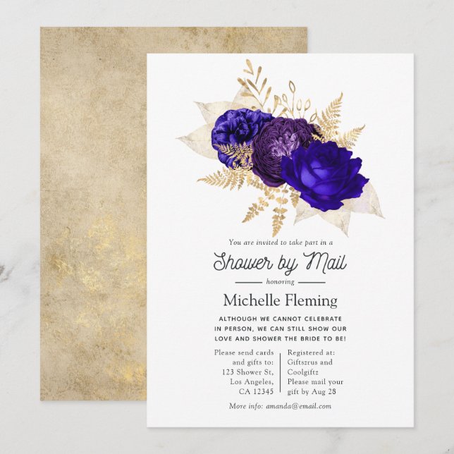 Invitation Mariage Royal Bleu, Violet et Or par la Poste (Devant / Derrière)