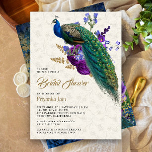 Invitation Mariage Royal Bleu Violet Floral Paon Fête de Mari