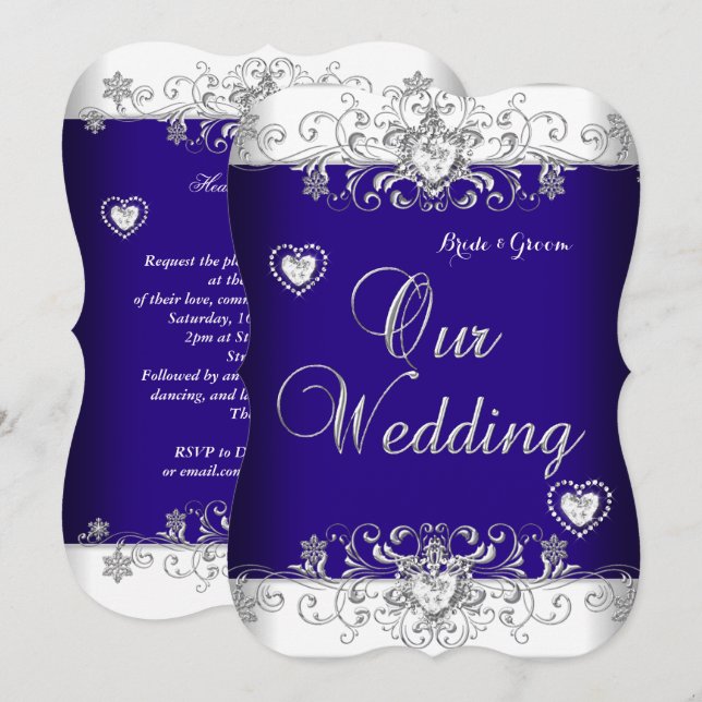 Invitation Mariage Royal Blue Cœurs Diamant Argent b (Devant / Derrière)