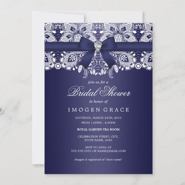 Invitation Mariage Royal Blue Dentelle & Nœud (Devant)