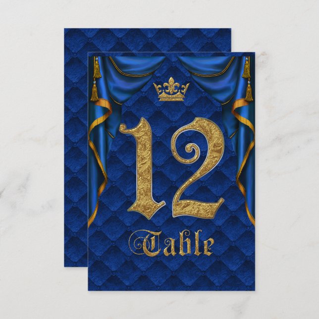 Invitation Mariage Royal Blue Gold Crown Numéro de tableau 12 (Devant / Derrière)