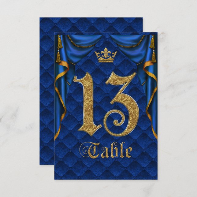 Invitation Mariage Royal Blue Gold Crown Numéro de tableau 13 (Devant / Derrière)
