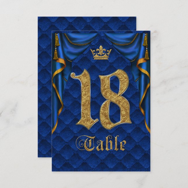 Invitation Mariage Royal Blue Gold Crown Numéro de tableau 18 (Devant / Derrière)