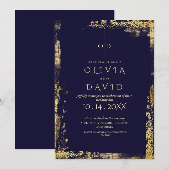 Invitation Mariage Royal Blue Gold moderne (Devant / Derrière)