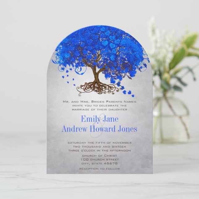 Invitation Mariage Royal Blue Heart Leaf Tree Invite (Debout devant)