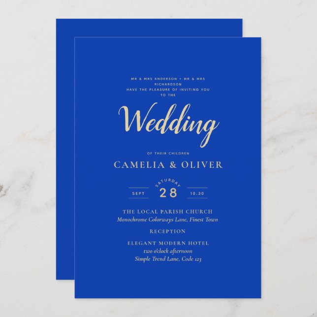 Invitation Mariage Royal Blue Monochrome moderne (Devant / Derrière)