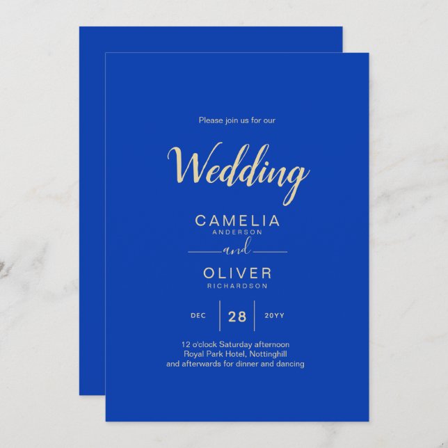 Invitation Mariage Royal Blue Monochrome moderne INVITE (Devant / Derrière)