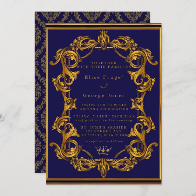Invitation Mariage Royal Crown Blue et Gold Flouring (Devant / Derrière)